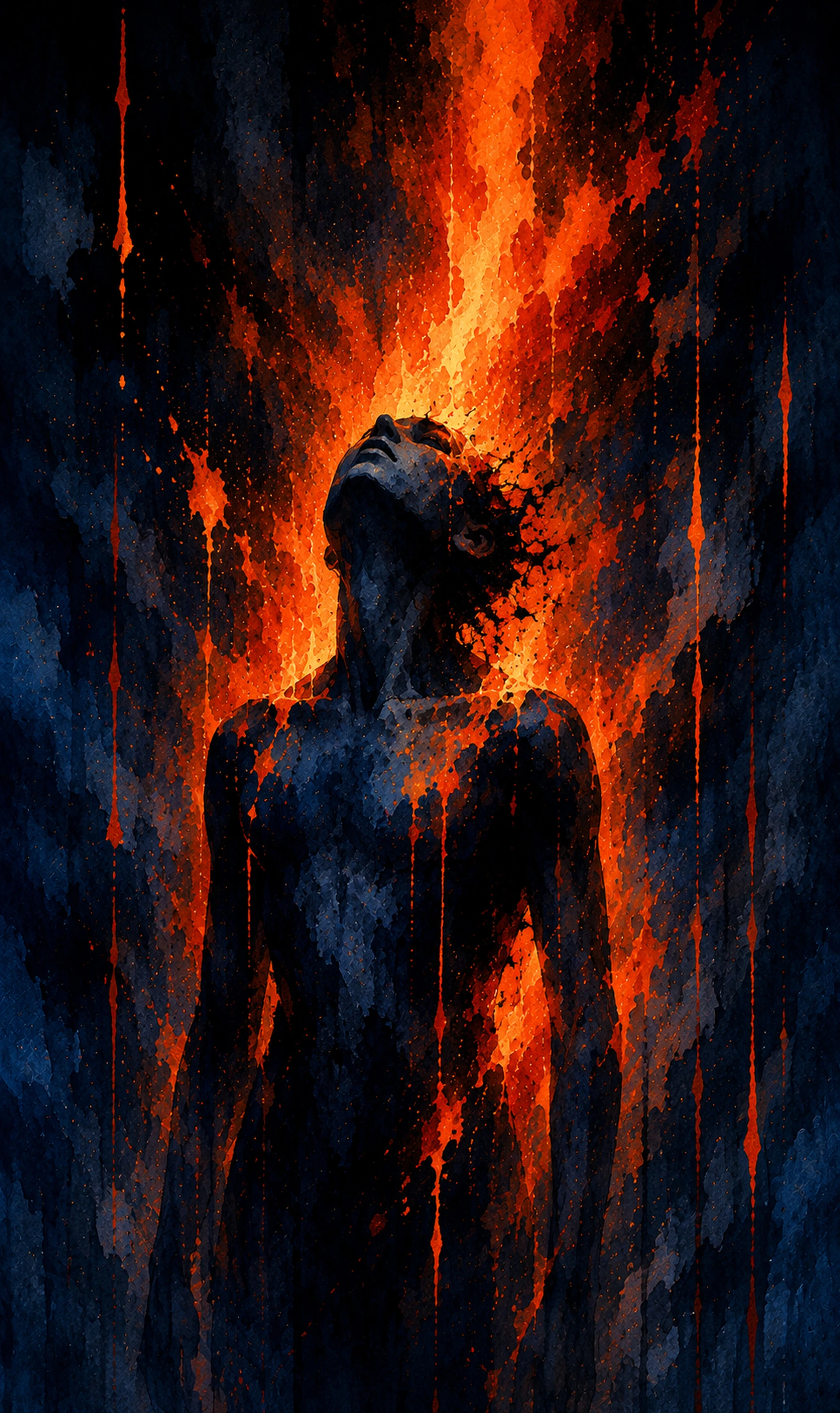 Abstract figure rising through orange fire and dark blue shadow, representing rupture and survival pressure.