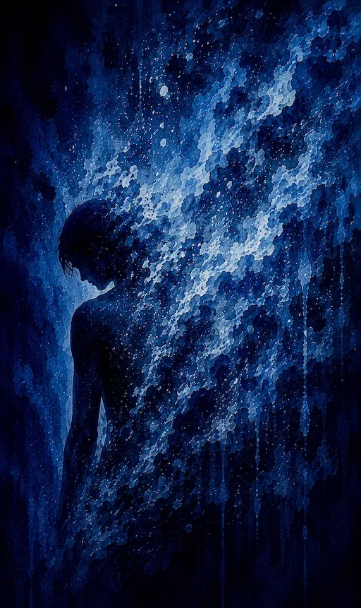 Blue abstract figure surrounded by fragmented light and vapor, representing nonlinear memory and poetic crosstalk.