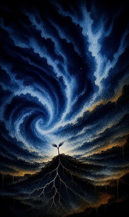 Small sprout beneath a swirling blue sky, representing survival, growth, and becoming after crisis.