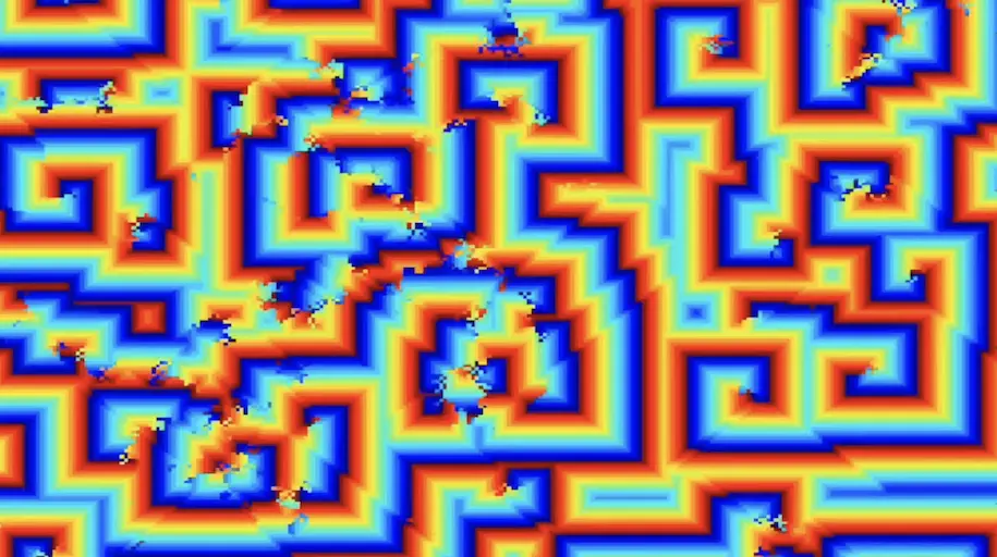 Cyclic cellular automata visualization by Raven Carrigg using rule 1/1/16/M.