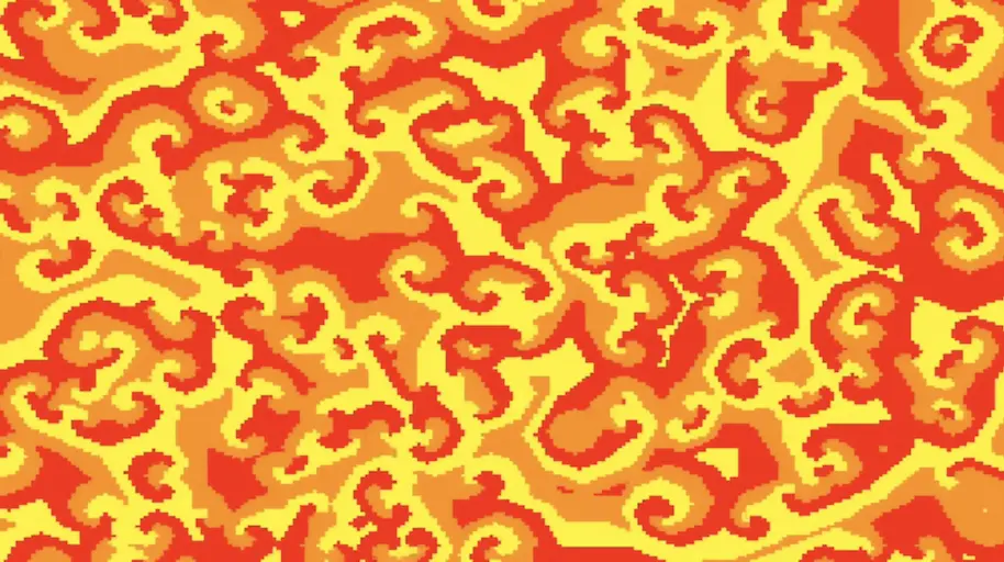 Cyclic cellular automata visualization by Raven Carrigg using rule 1/3/3/M.