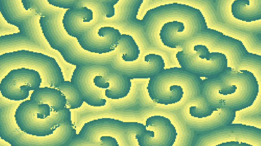 Cyclic cellular automata visualization by Raven Carrigg using rule 3/5/8/M.