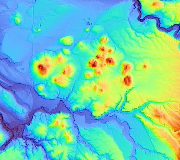 QGIS digital elevation model visualization of the Boring Lava Fields in Oregon by Raven Carrigg.