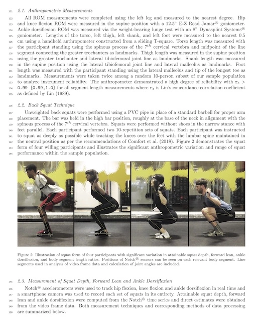 Squat biomechanics study preview showing Notch sensor placement and video-frame movement analysis.
